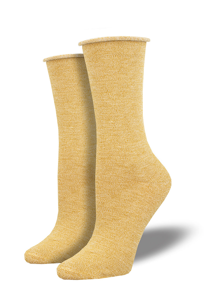 Solid &quot;hemp heather&quot; color bamboo socks for women with a roll-top.