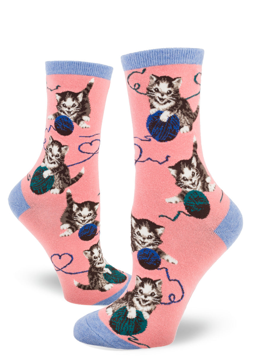 Cute cat socks for women feature adorable kitten playing with balls of yarn that form hearts!