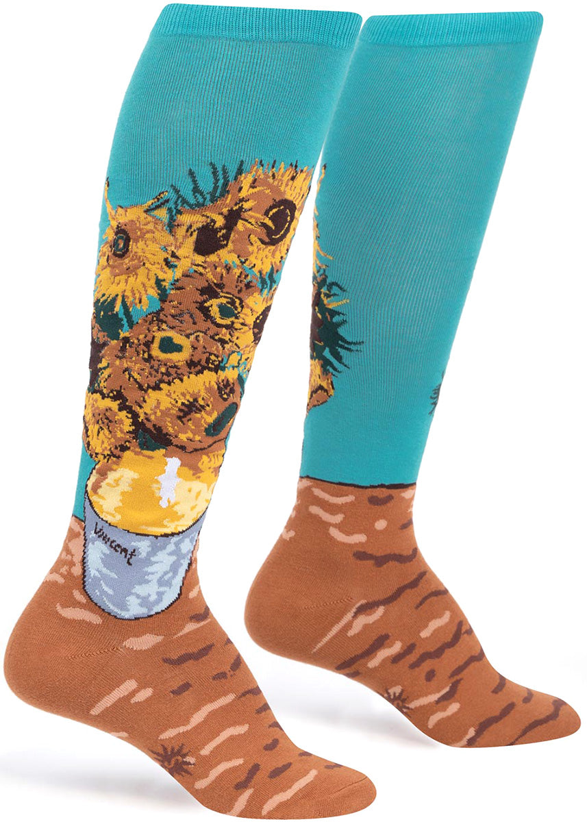 Knee-high socks for women are made to look like Vincent van Gogh's painting, Vase with  Twelve Sunflowers.