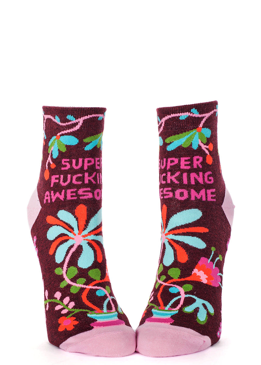 Colorful floral ankle socks that say “SUPER FUCKING AWESOME."