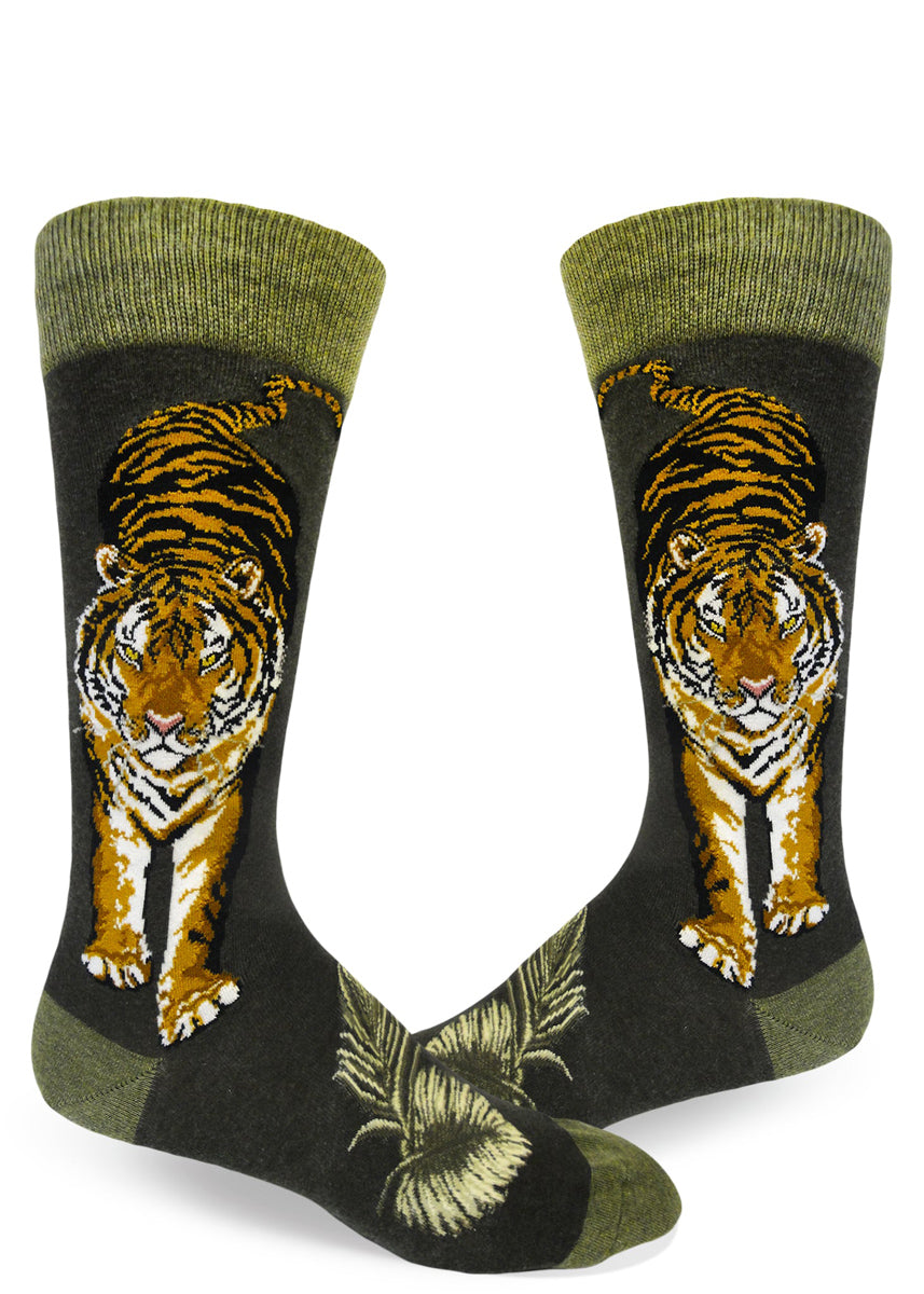Tiger socks for men with large tigers facing forward and looking fierce on a green background