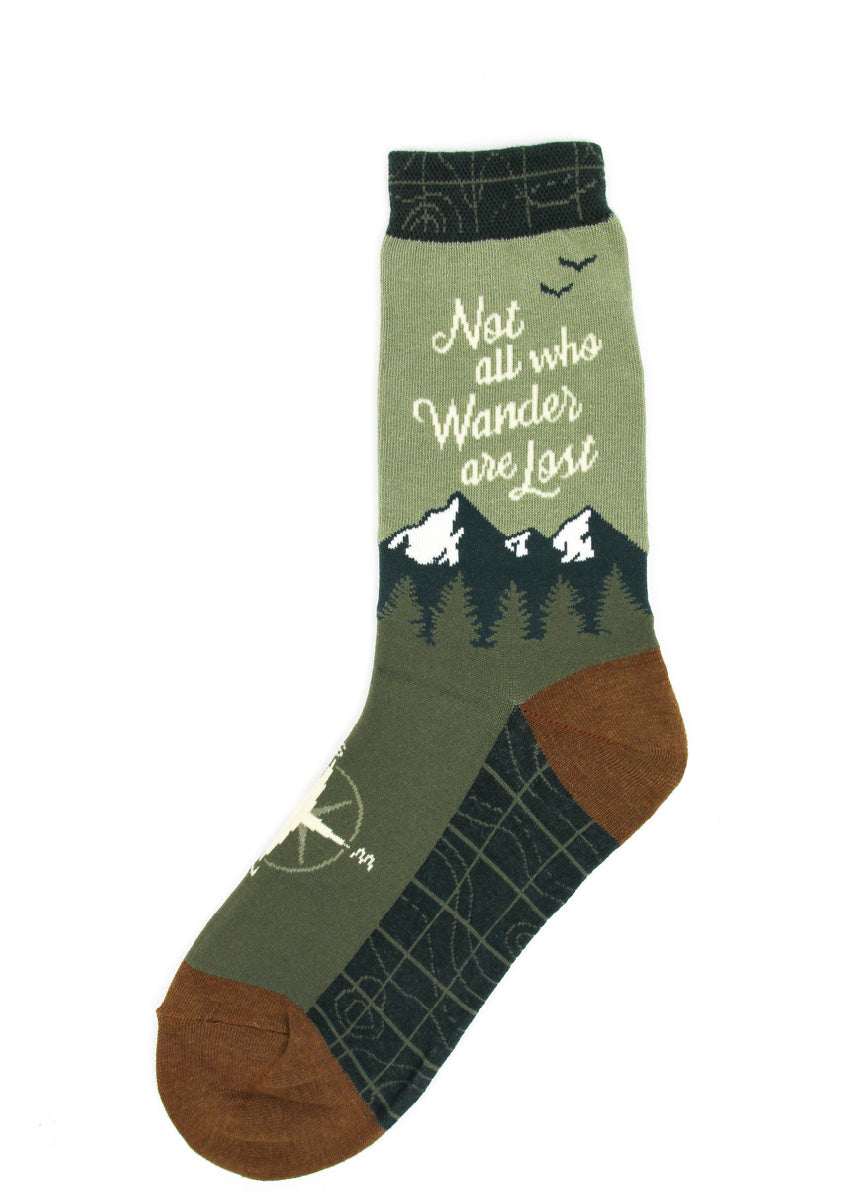 Adventure crew socks for women feature a mountain scene with the words "Not all who wander are lost," and a compass rose on the top of the foot!