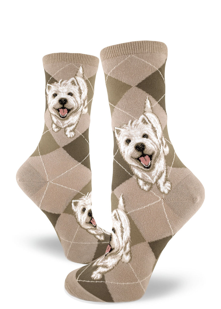 Westie socks for women with West Highland Terrier dogs on argyle socks in a light tan color