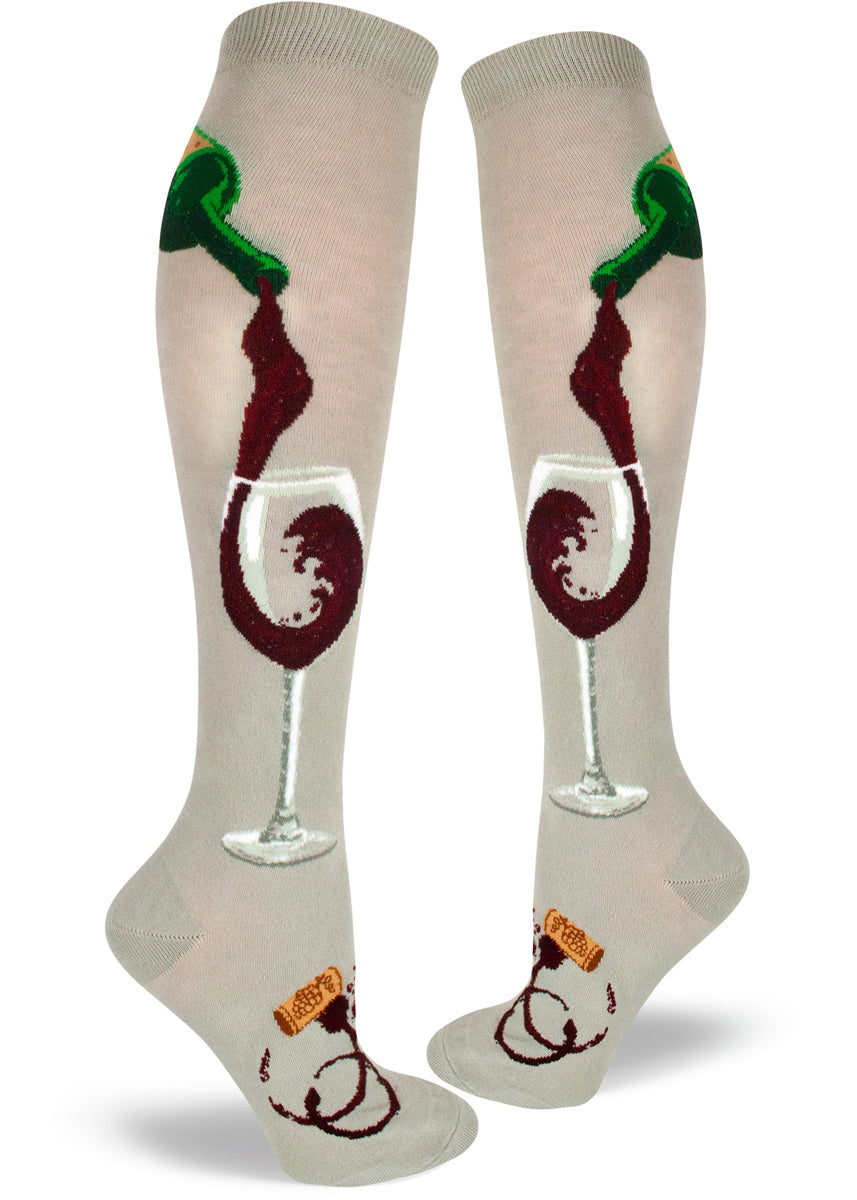 Wine knee-high socks for women with wine bottles pouring red wine into glasses and wine corks