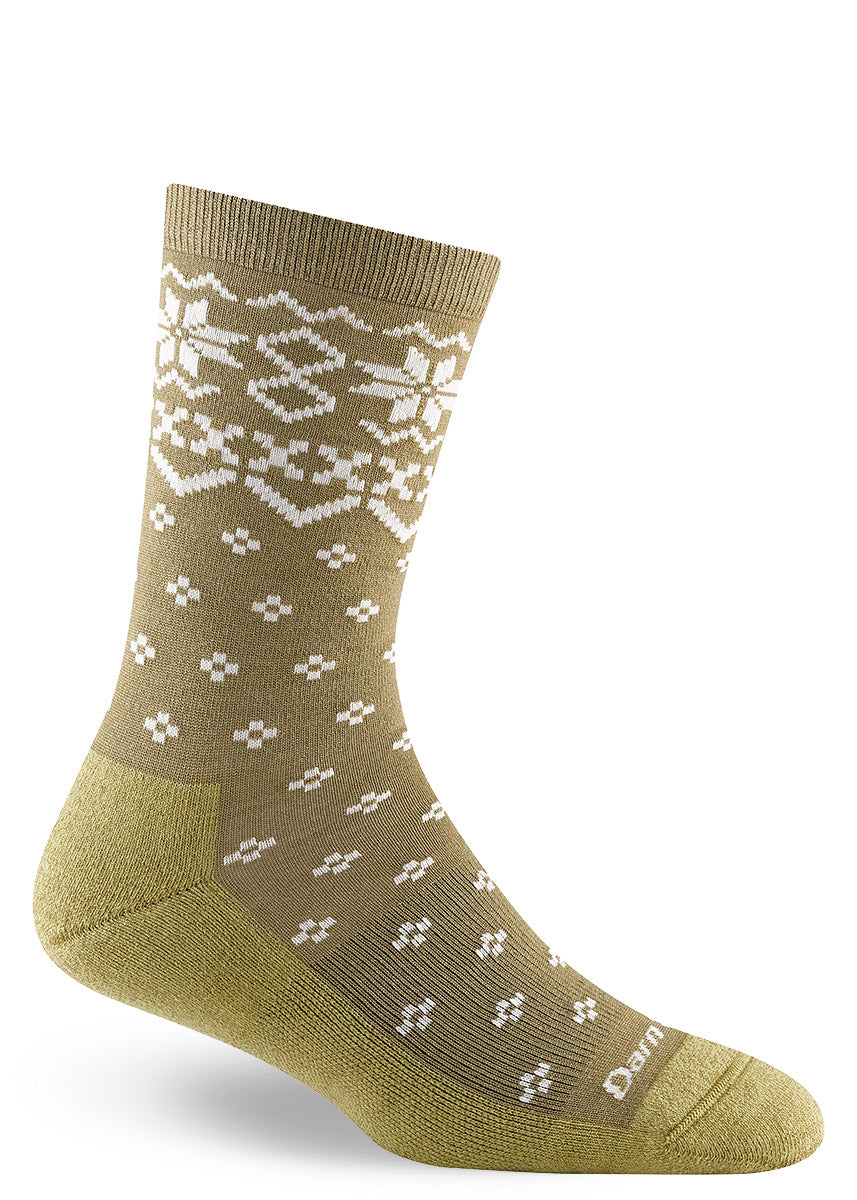 Chartreuse wool crew socks with white snowflake designs throughout inspired by the knitting patterns of the Scottish Isles.