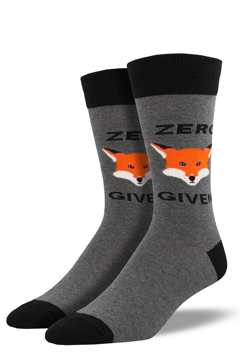 Funny fox socks for men with that say "Zero Fox Given"
