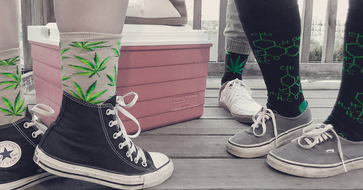 Pot leaf and THC molecule-patterned socks for 420 smokers.