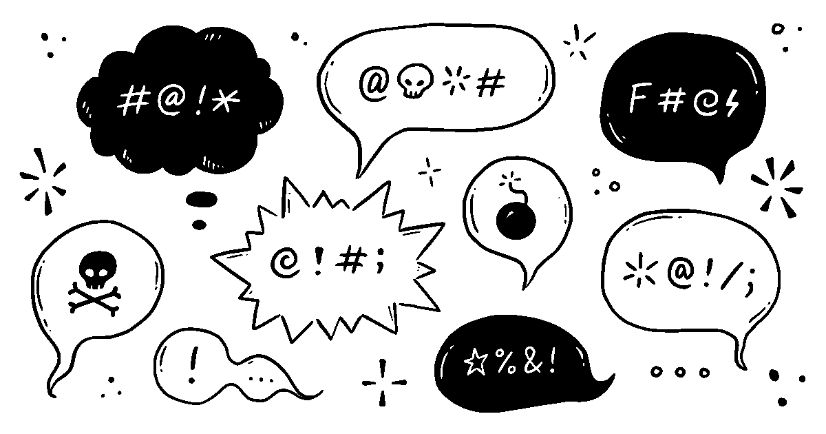 Symbols for censored swear words in black and white word bubbles