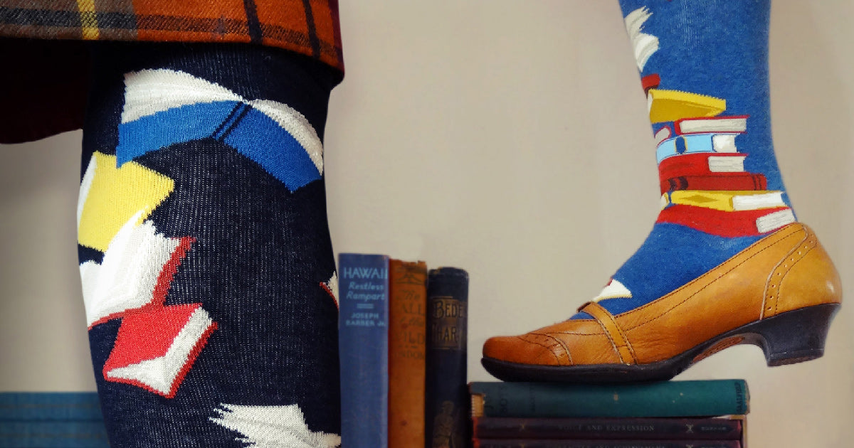 Book socks with colorful stacks of books