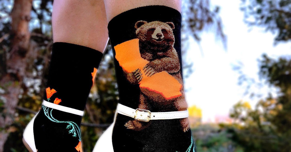 California Bear Hug Socks with a grizzly hugging the state of CA by ModSocks