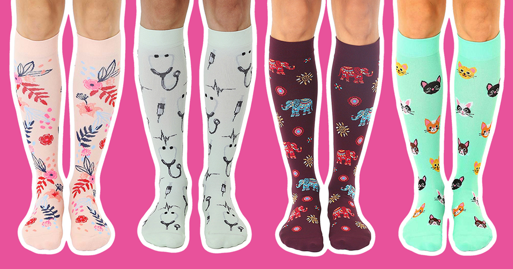 Photo illustration with four models wearing compression socks in various novelty patterns over a pink background.