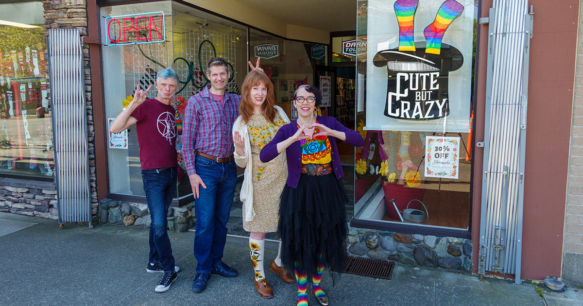 Staff in front of Cute But Crazy Socks, Bellingham, Washington. From left, Ron Lewis, Ben Shaklee, Andrea and Urania Shaklee.