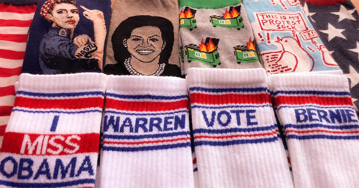 2020 election campaign socks with candidates and political designs.