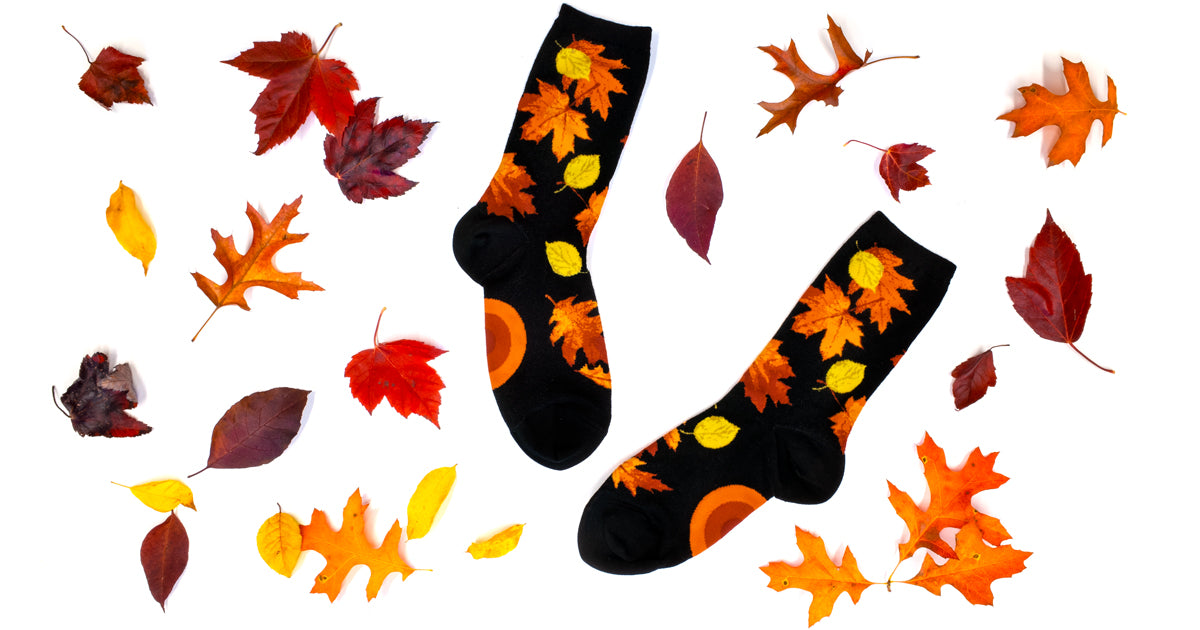 Colorful fall leaves socks, surrounded by colorful fallen leaves.
