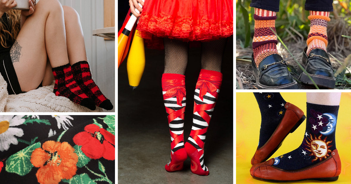 Women’s socks reflecting fall and winter 2023’s hottest fashion trends including faux fur, the color red, dark floral goth, celestial chic and the sweater weather aesthetic.