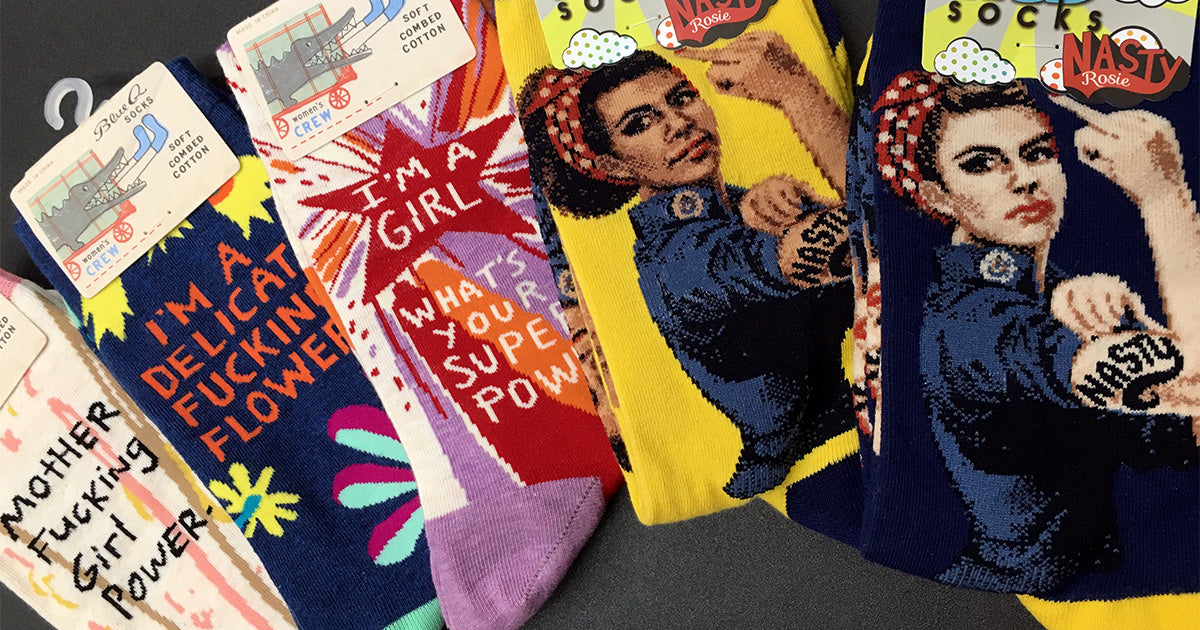 Feminist socks for women with feminist sayings and Rosie the Riveter