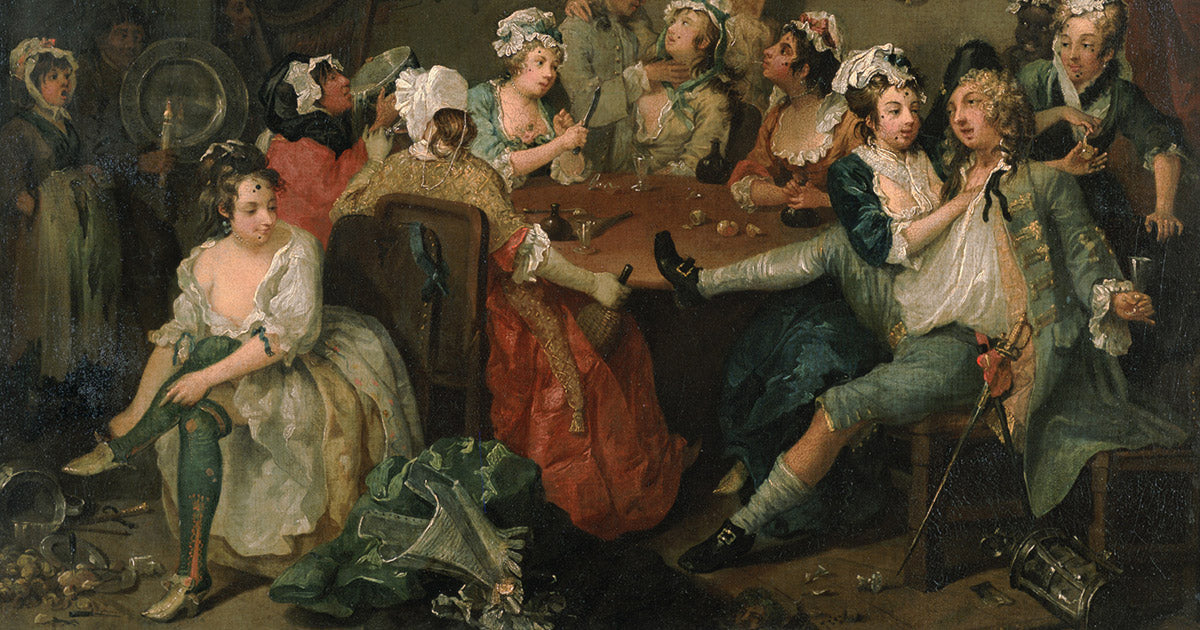 This section of The Tavern Scene (A Rake's Progress), an18th-century painting by William Hogarth shows a man and a woman wearing decorative socks and stockings in a crowded tavern.