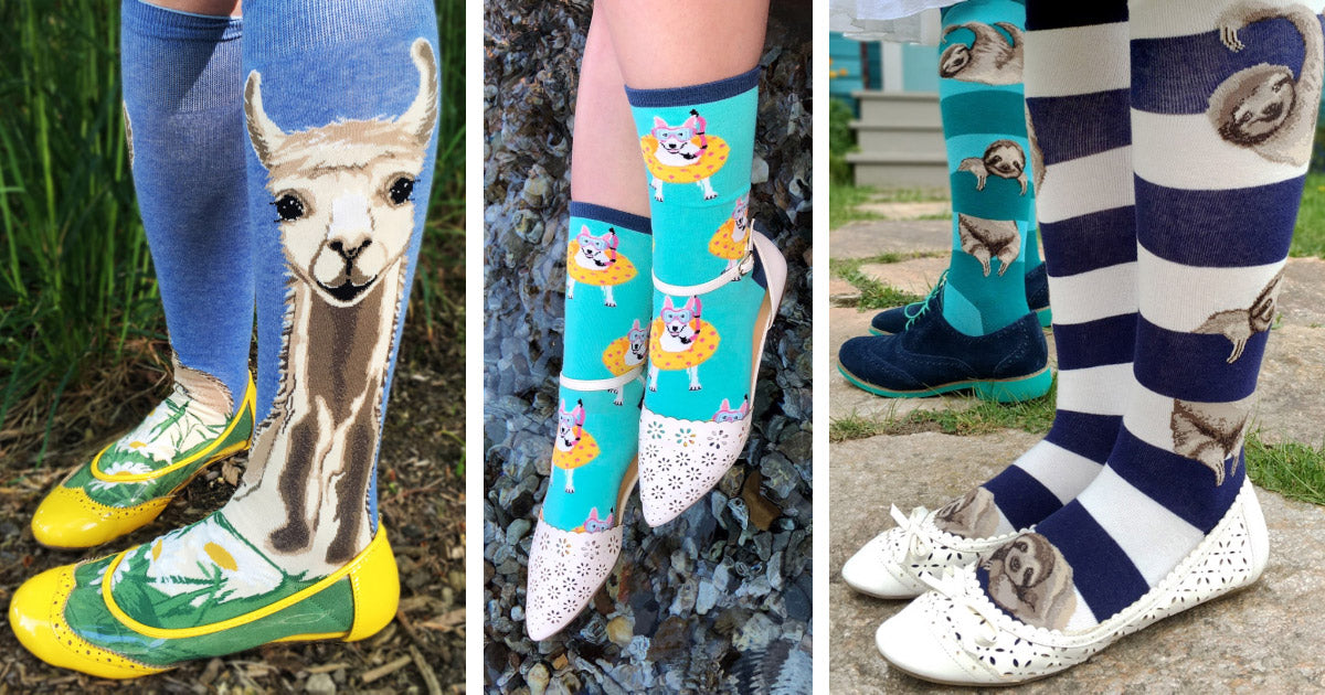 Socks with flat shoes three ways — llama knee socks with yellow ballet flats, teal dog crew socks with D'Orsay sandal flats and sloth knee socks with white flats and blue suede shoes.