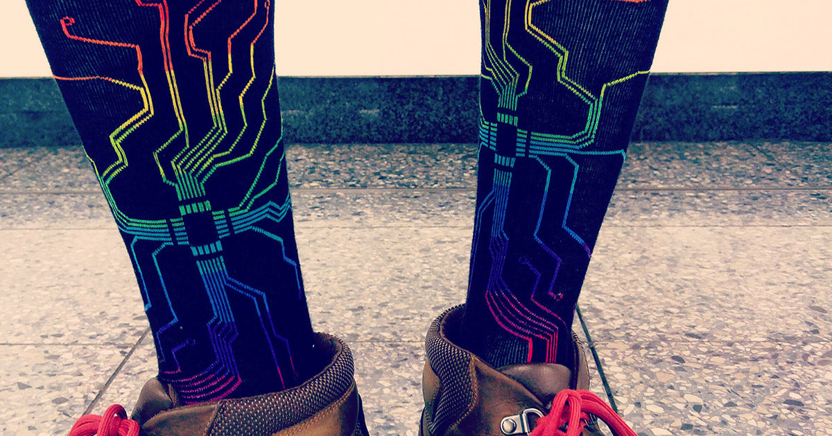 Nerdy men's socks with style — unique rainbow circuit board socks.