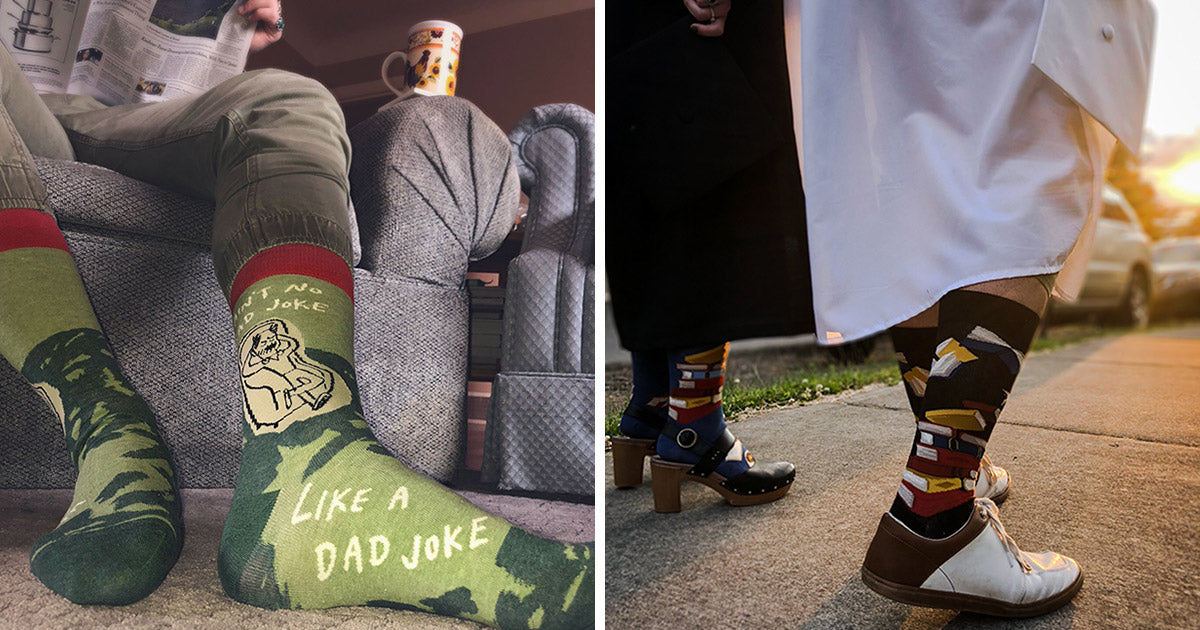 A father chills in his recliner wearing Dad Joke Socks, while cap-and-gown-wearing graduates step into the future in book socks.