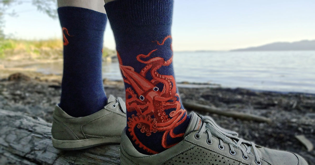 Kraken socks for men with a giant red squid.