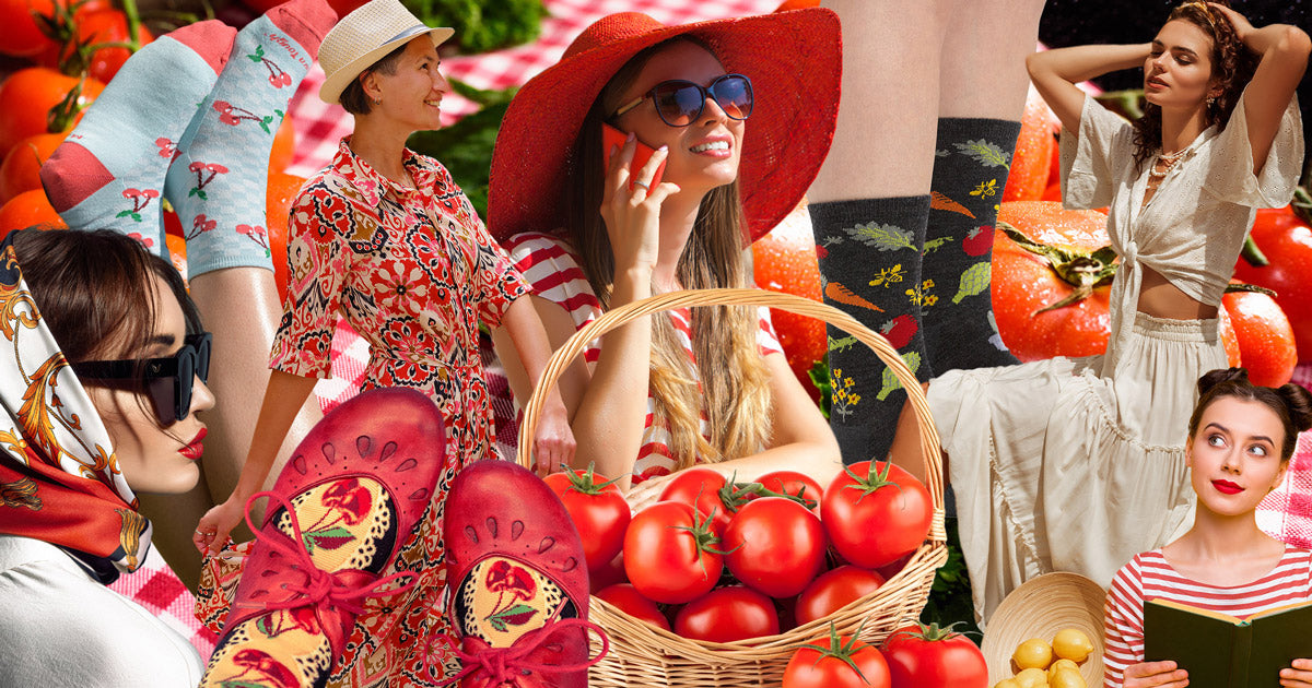 Collage of images of socks, veggies and fashionable women exemplifying the "tomato girl summer" trend