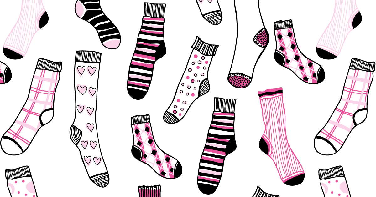 Drawing of socks with many different designs and patterns in black, white and pink