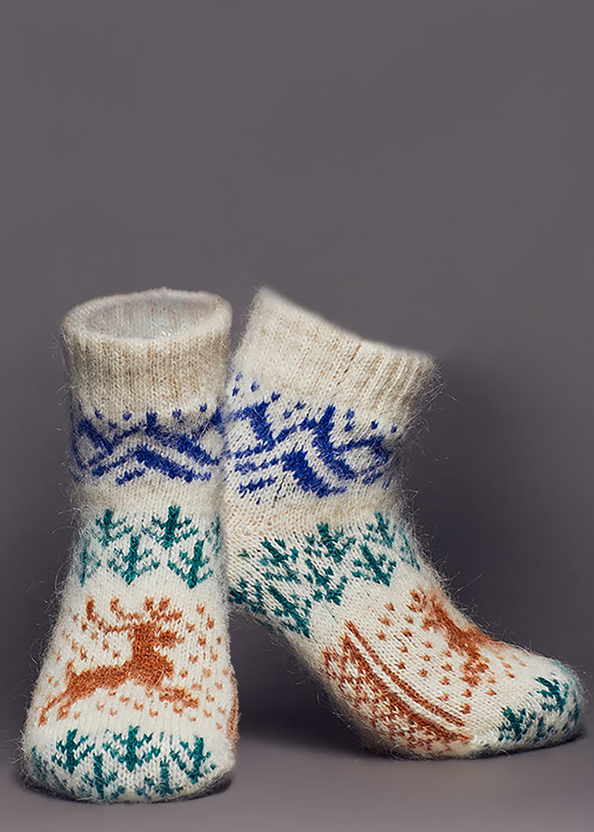 Fuzzy socks with alpine forest scene
