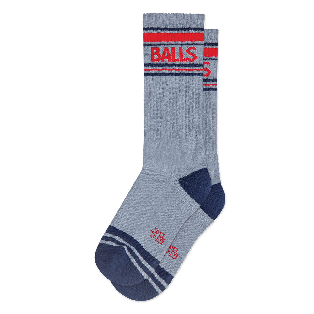 Sports socks that say "Balls" in a retro athletic stripe.