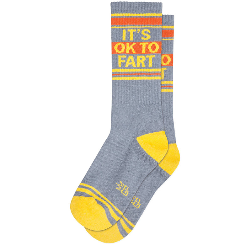 Gumball Poodle Socks with a retro athletic gym sock stripe & the words "It's OK to fart." 