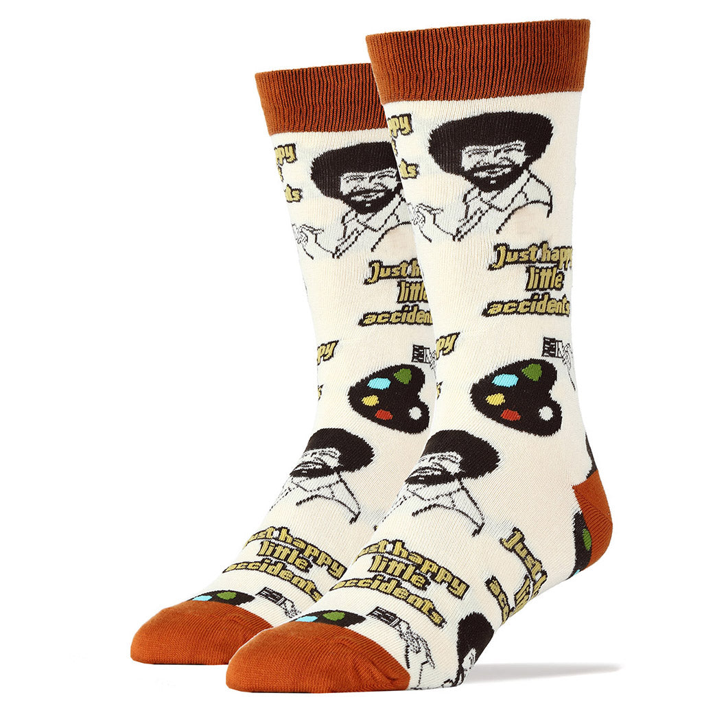 Bob Ross socks feature the beloved television artist.