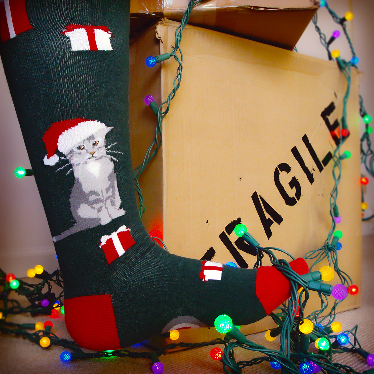 Christmas socks like our red & green knee high socks with Santa cat are what everyone wants for Christmas.