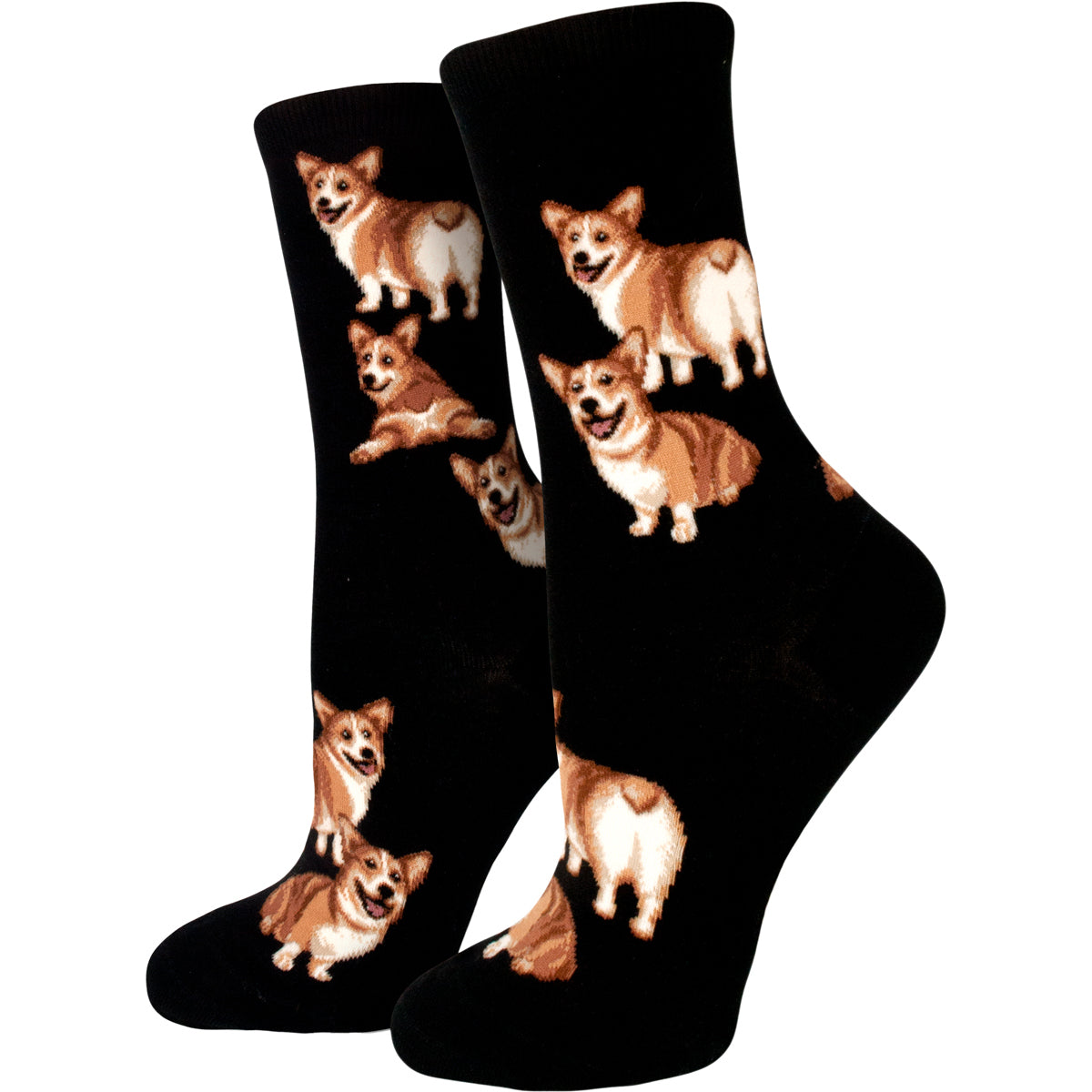Corgi socks for dog lovers are patterned with cute corgi dogs showing their fluffy heart-shaped butts on a black background and are part of our Dog Socks collection.