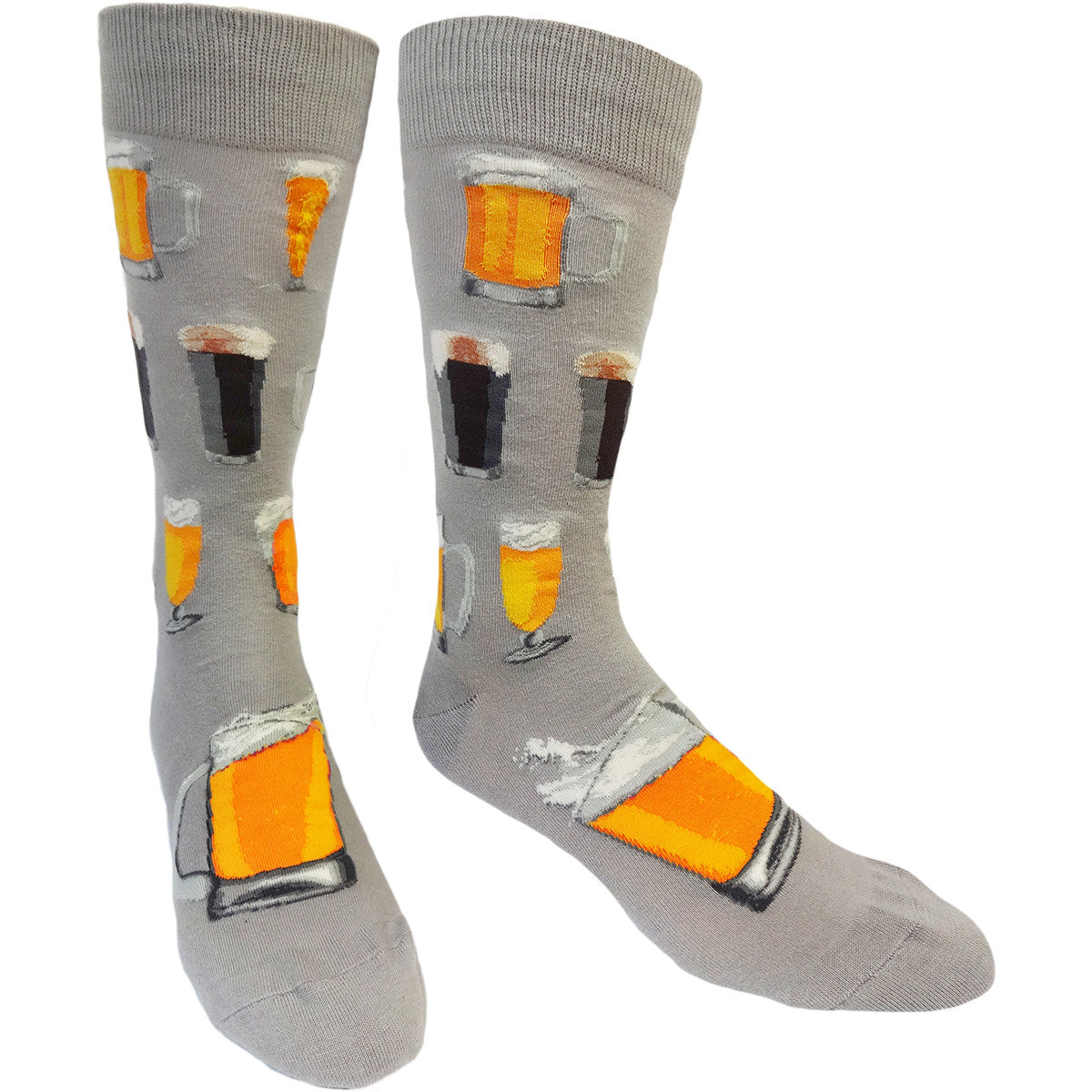 Show off your exBEERience during a night out with a pair from our Drinking Socks collection, showing off drinks of all types in both men's and women's sizes, including these grey men's crew socks featuring dark and light tap beers in glass beer mugs.