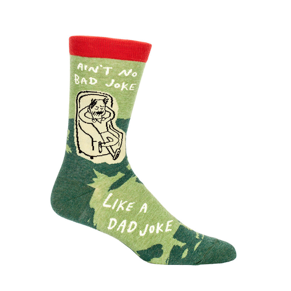 These men's crew socks are green with an orange cuff and have a picture of a man lounging in a chair. The words Ain't No Bad Joke Like A Dad Joke is in white. You can find many funny, groovy, nerdy, and cool socks for your dad in our Dad Socks collection!