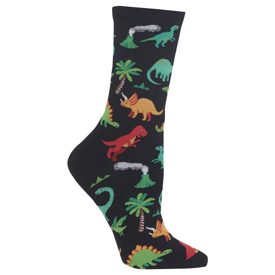 This pair of dinosaur socks has blue, red, green, and orange dinos surrounded by green trees and volcanoes blowing smoke, part of our Dinosaur Socks collection for men, women, and kids!