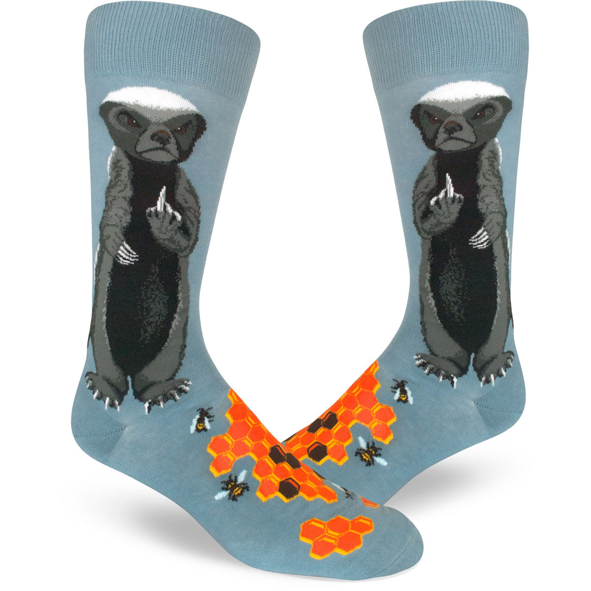 Funny men's socks with a honey badger flipping the middle finger