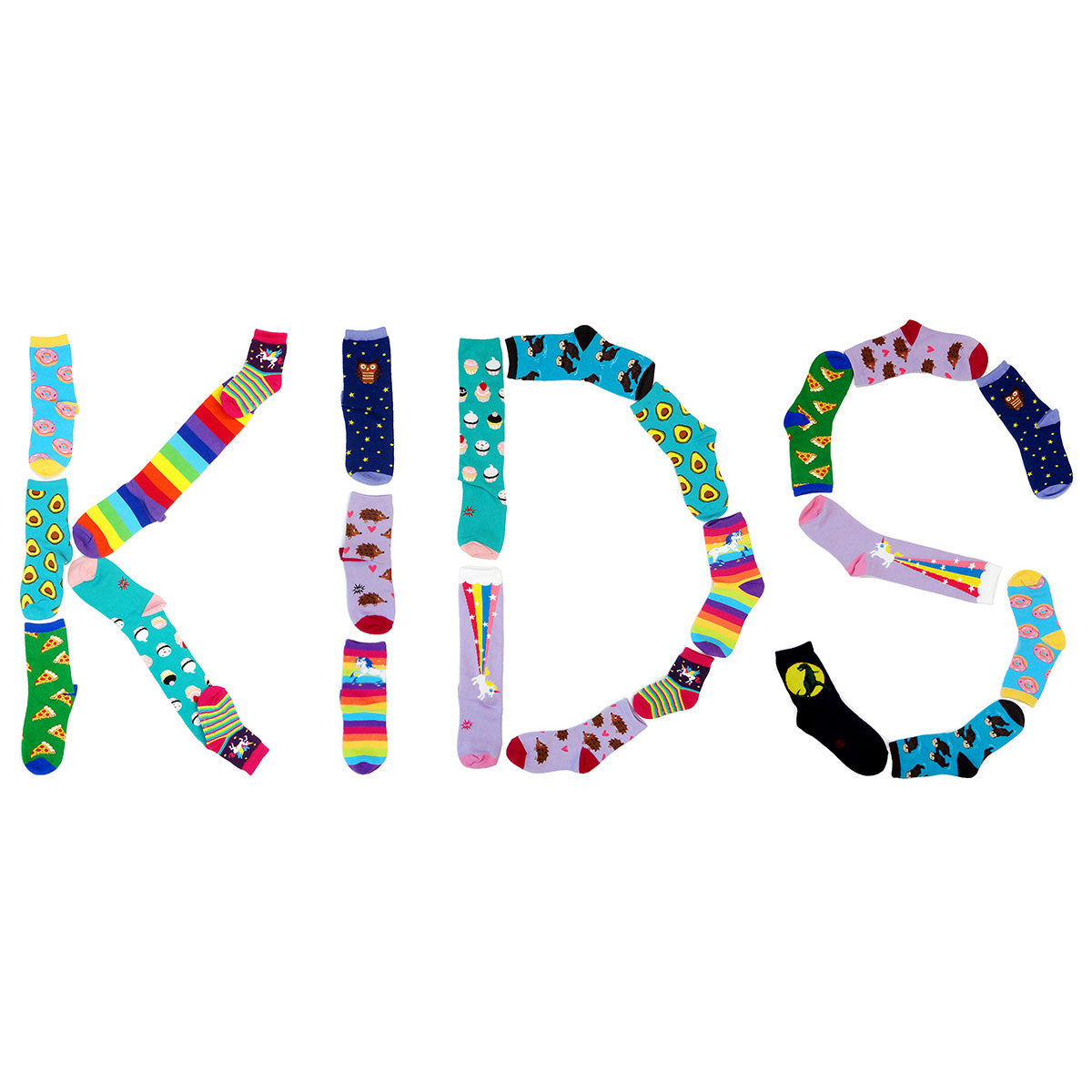 Cute socks with animals, food and rainbow stripes from our Kids' Socks collection spell out the word "KIDS."