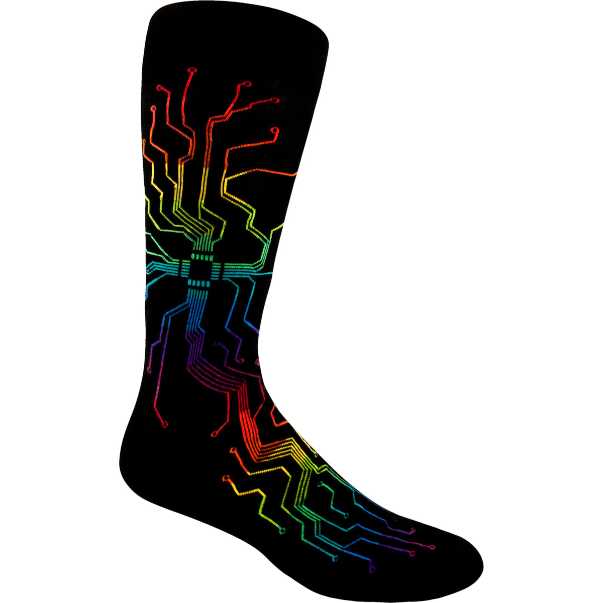 ModSocks introduces the mutha of all circuitboard socks — rainbow-gradient patterned Muthaboard Men's Crew Socks in black.