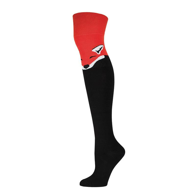 Our Over The Knee Socks collection pairs great with dresses, skirts, or any outfit you are looking to add extra warmth or style to. These over the knee socks have a cute orange and white fox at the knee and are plain black throughout the calf and foot. 
