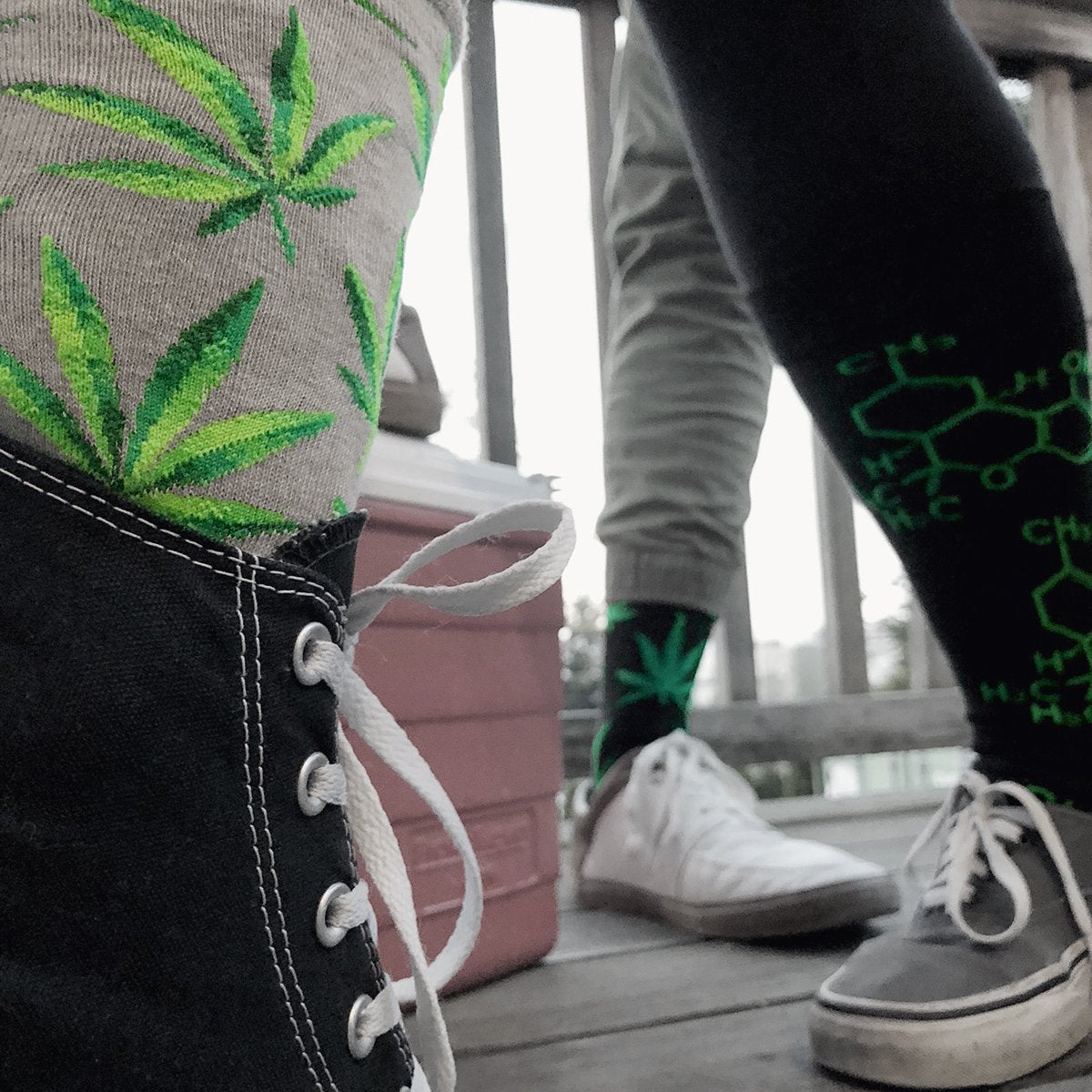 Marijuana-themed pot leaf socks and THC molecule socks.