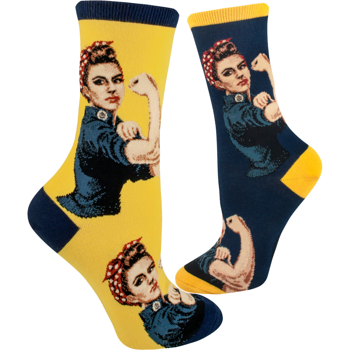 Rosie the Riveter Socks in yellow and navy color options feature the WWII-era poster icon Rosie in her "We Can Do It" pose, and wearing her navy overalls and red polka-dot bandana.