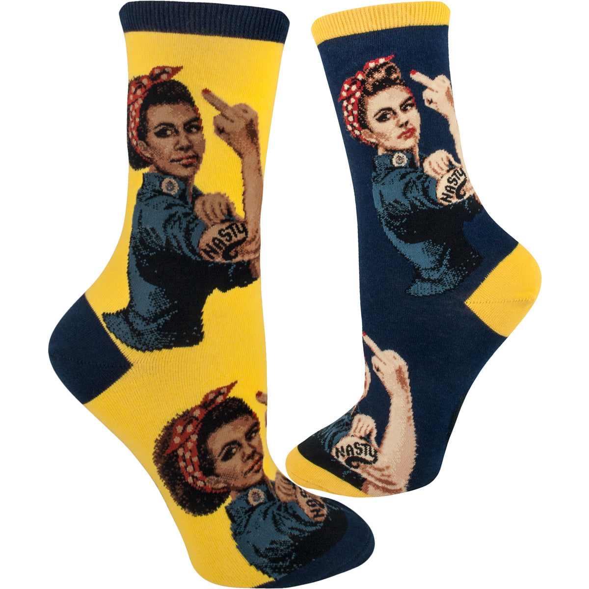 Nasty Rosie the Riveter gives the middle finger to oppressors on these socks for feminists & nasty women.