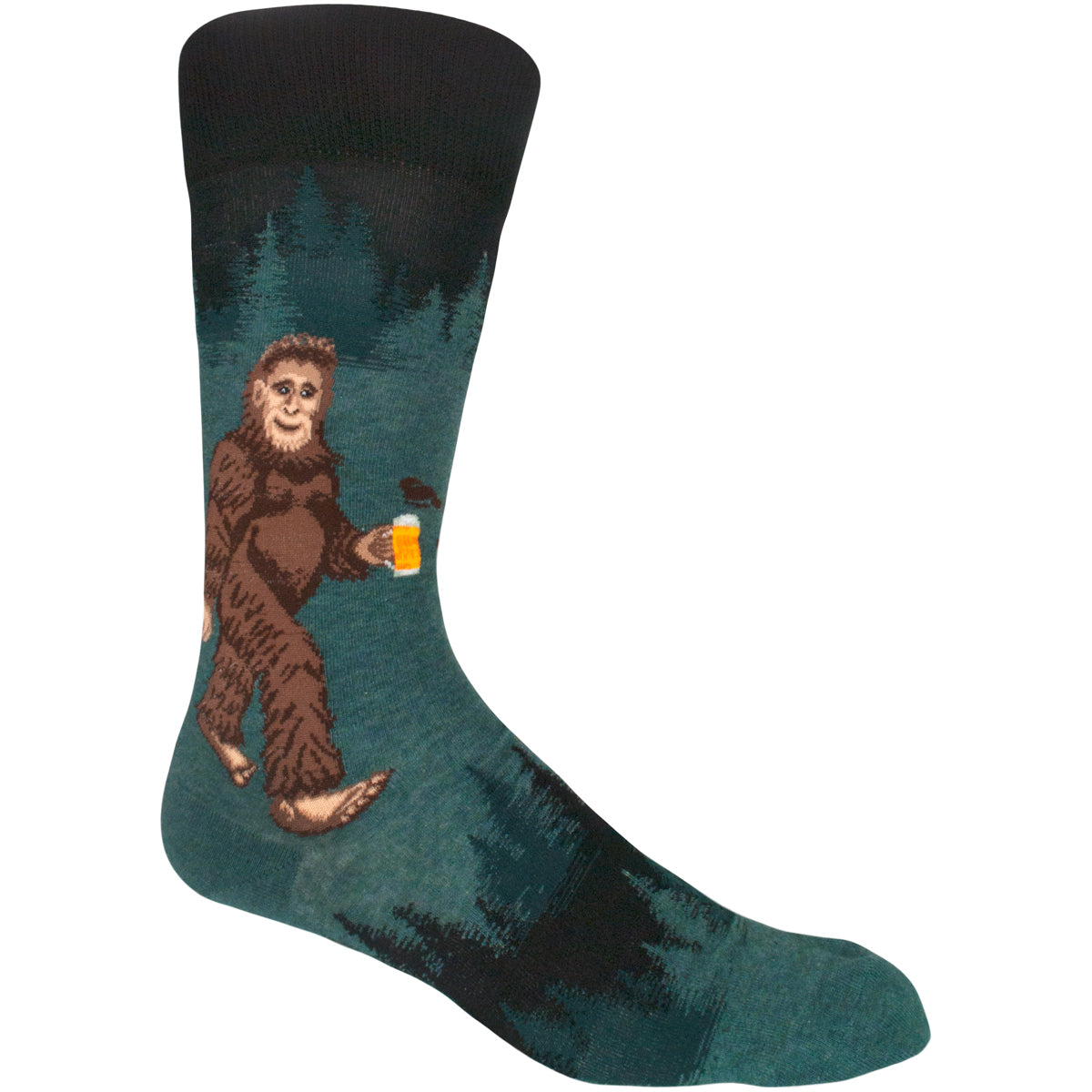 Sasquatch socks for your Bigfoot from ModSocks feature a Sasquatch taking a wilderness stroll with a mug of beer!