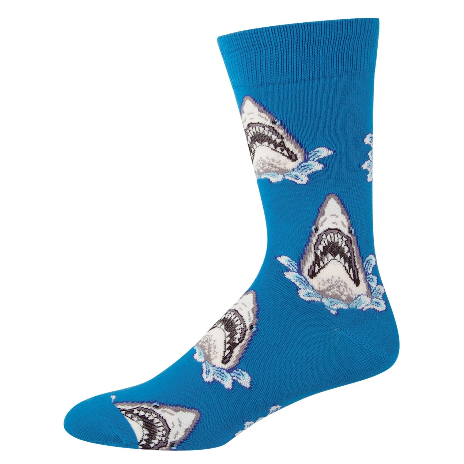 Extra large socks for men feature sharks in a sea of blue.