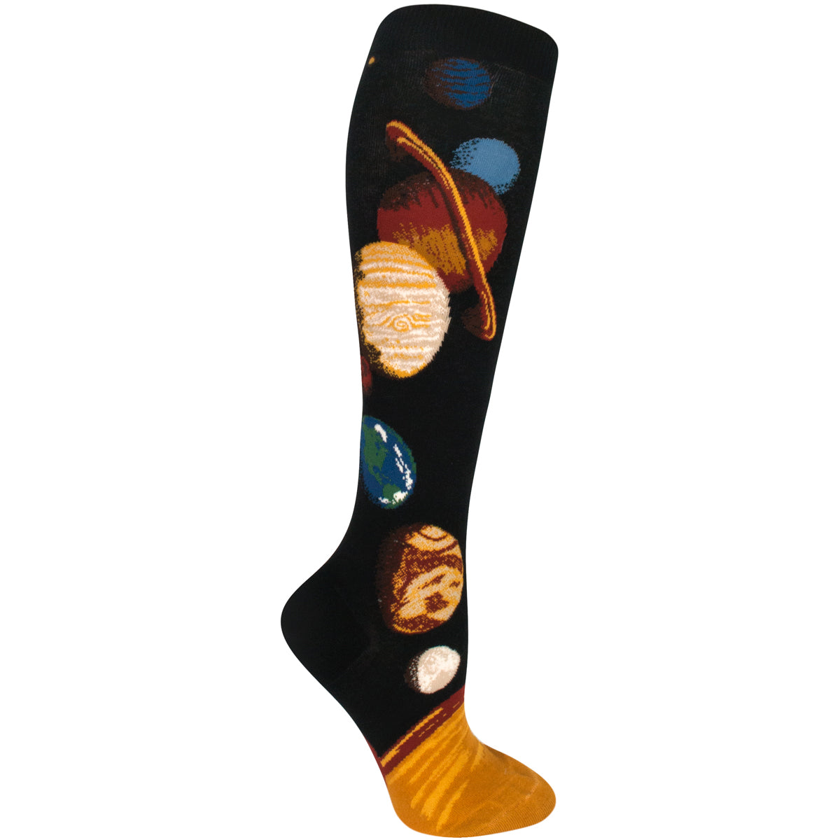 A black knee high sock with realistic planets in orbit going up the side are great for any science and astronomy fan! These solar system socks are part of our Science collection!