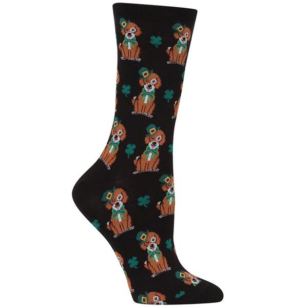 These lucky black crew socks are covered in cute brown and white dogs with green bows and green hats and are surrounded by clovers in celebration of St. Patty's day! They are part of our St. Patrick's day collection that is inspired by green socks!