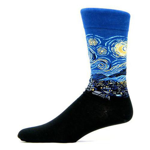 Starry Night Socks for men by Hot Sox feature van Gogh's classic painting rendered in shades of blue, black and gold true to the original artwork.