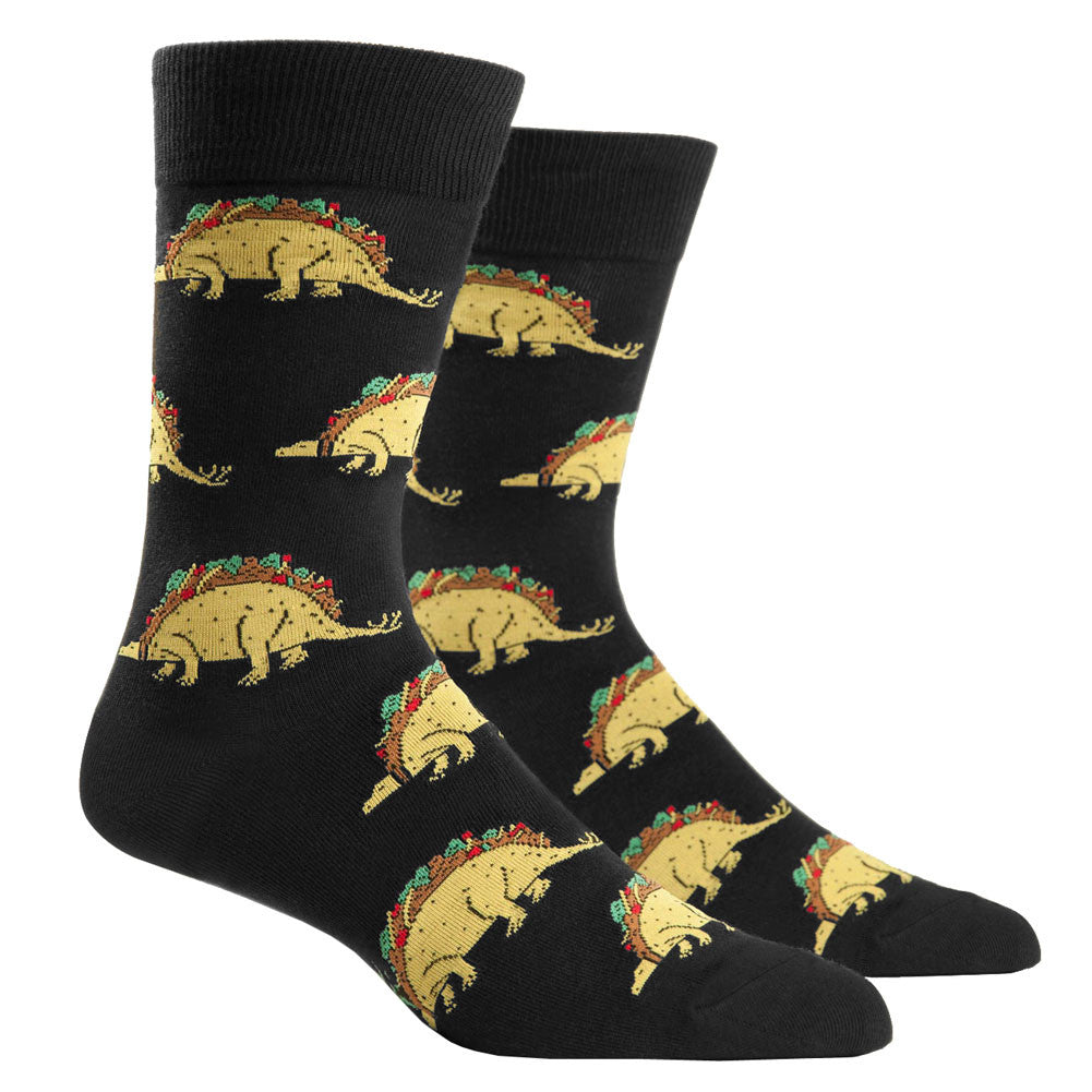These crazy socks feature Tacosaurus, the taco dinosaur and first to go extinct — on account of being delicious.