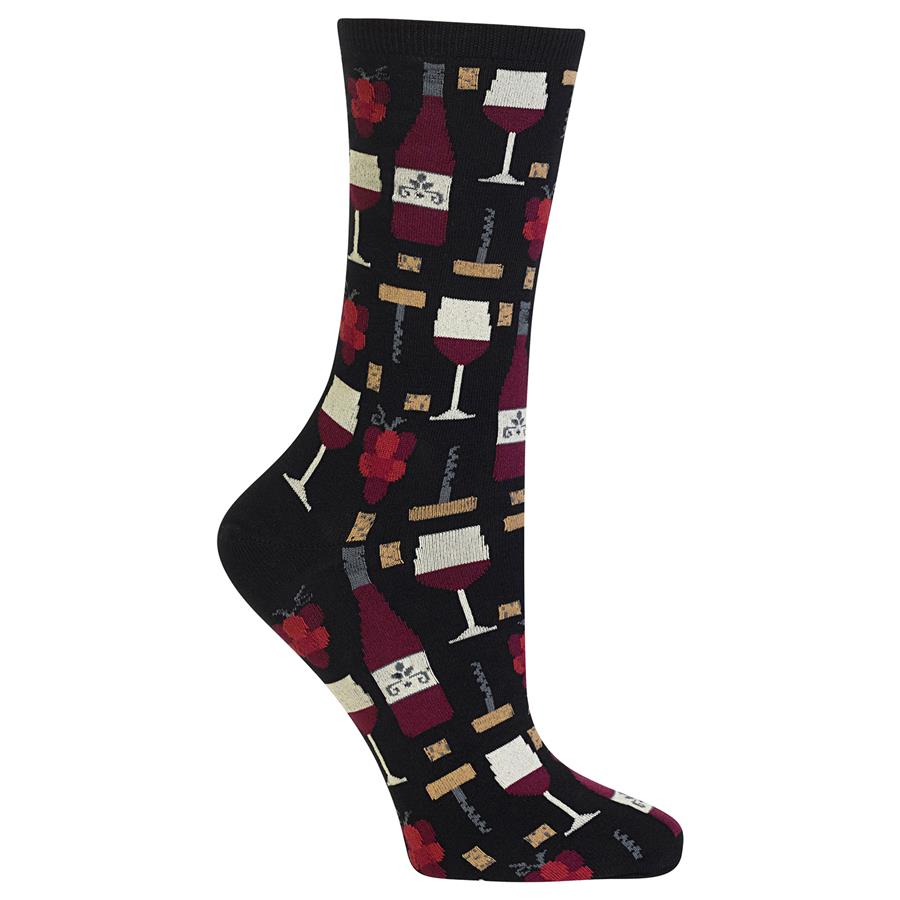 Wine socks with wine bottles, glasses and corkscrews.